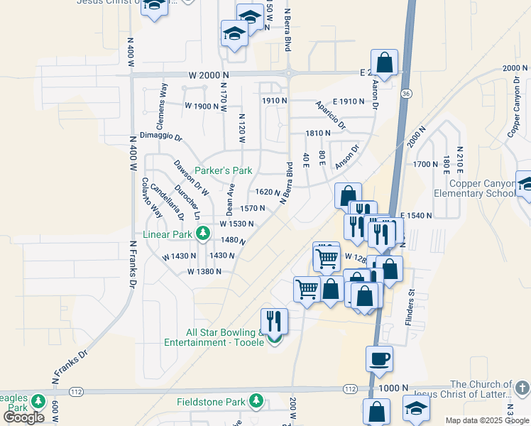 map of restaurants, bars, coffee shops, grocery stores, and more near 61 1570 North in Tooele