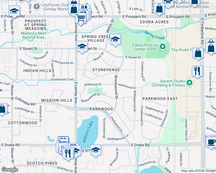 map of restaurants, bars, coffee shops, grocery stores, and more near 1309 Kirkwood Drive in Fort Collins