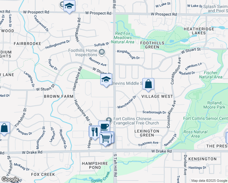 map of restaurants, bars, coffee shops, grocery stores, and more near 2101 South Taft Hill Road in Fort Collins