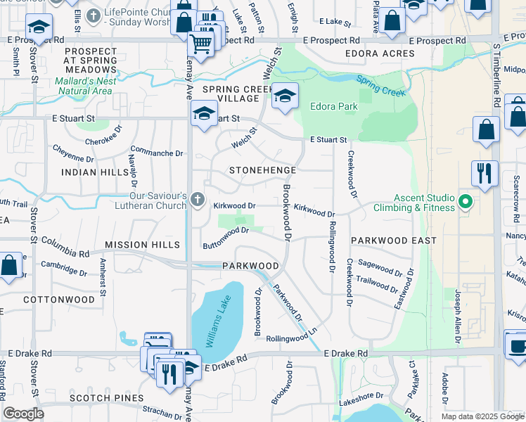 map of restaurants, bars, coffee shops, grocery stores, and more near 1309 Kirkwood Drive in Fort Collins