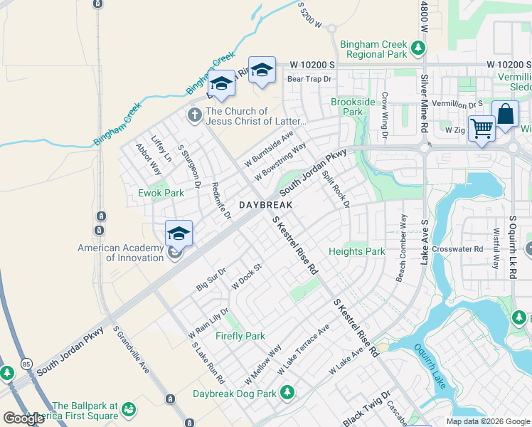 map of restaurants, bars, coffee shops, grocery stores, and more near 10572 South Kestrel Rise Road in South Jordan