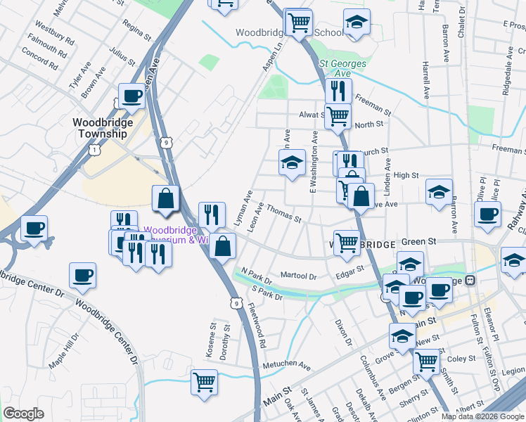 map of restaurants, bars, coffee shops, grocery stores, and more near 513 Elias Avenue in Woodbridge Township