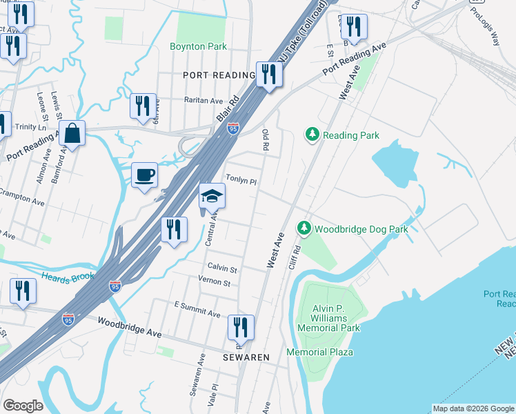 map of restaurants, bars, coffee shops, grocery stores, and more near 193 Old Road in Woodbridge Township