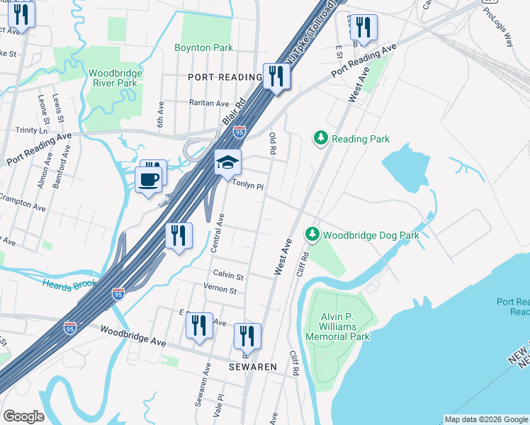 map of restaurants, bars, coffee shops, grocery stores, and more near 4 Radcliff Place in Woodbridge Township