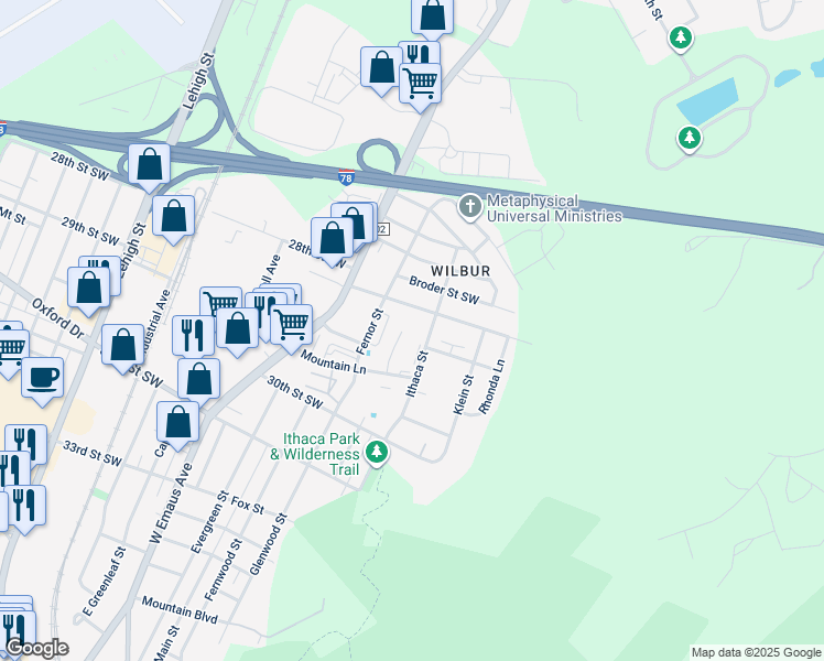 map of restaurants, bars, coffee shops, grocery stores, and more near 2824 Huron Street in Allentown
