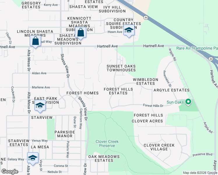 map of restaurants, bars, coffee shops, grocery stores, and more near 3386 Kentwood Drive in Redding