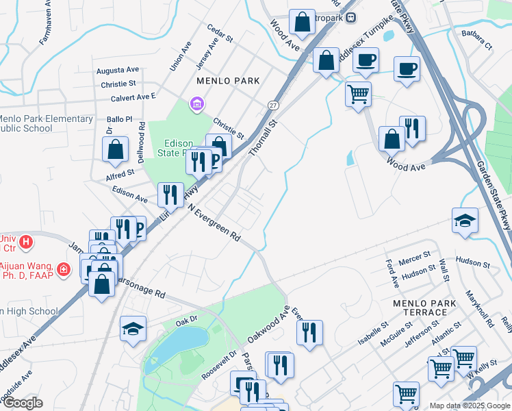 map of restaurants, bars, coffee shops, grocery stores, and more near 50 North Evergreen Road in Edison