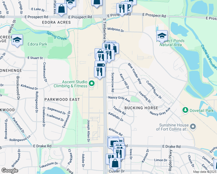 map of restaurants, bars, coffee shops, grocery stores, and more near 2121 Scarecrow Road in Fort Collins