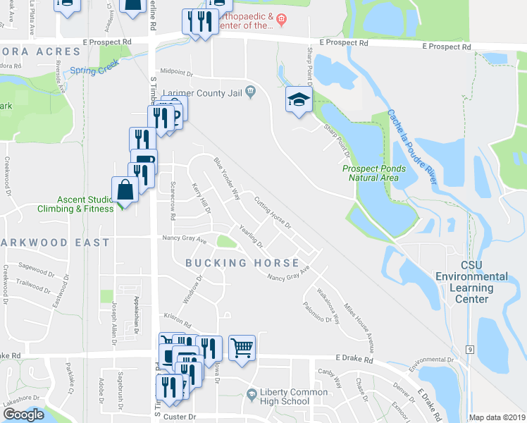 map of restaurants, bars, coffee shops, grocery stores, and more near 2151 Blue Yonder Way in Fort Collins