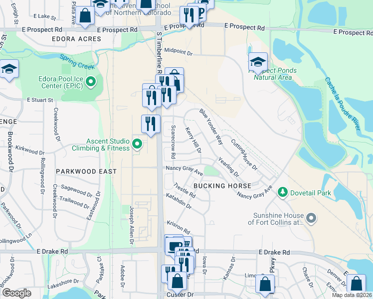map of restaurants, bars, coffee shops, grocery stores, and more near 2127 Cocklebur Lane in Fort Collins