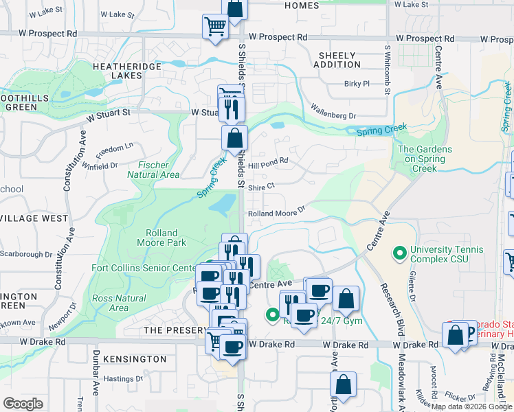 map of restaurants, bars, coffee shops, grocery stores, and more near 1021 Rolland Moore Drive in Fort Collins
