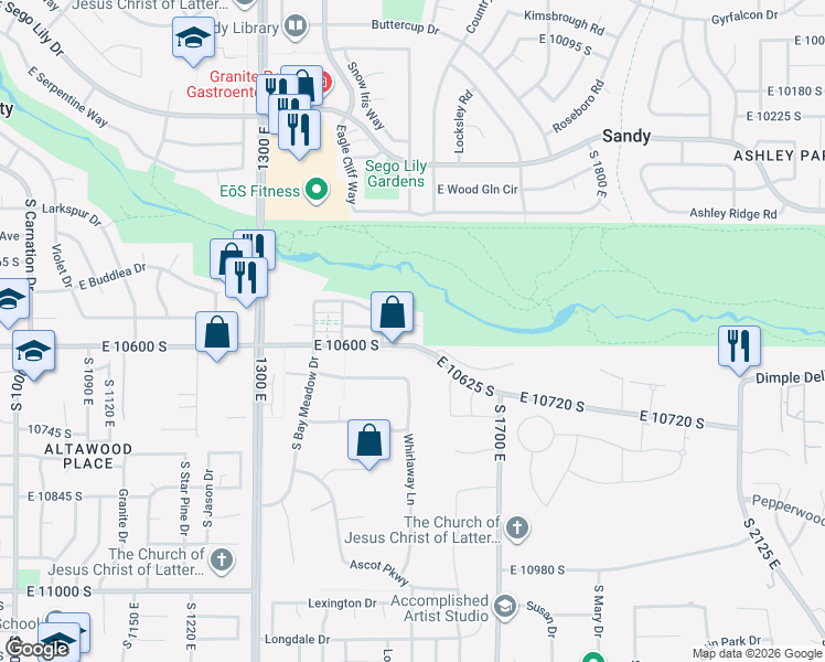 map of restaurants, bars, coffee shops, grocery stores, and more near 1861 East 10600 South in Sandy