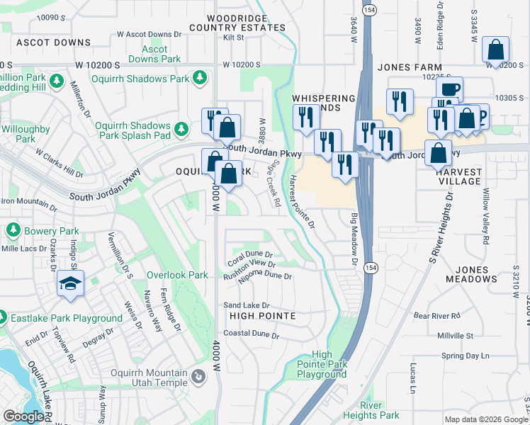 map of restaurants, bars, coffee shops, grocery stores, and more near 3892 Sienna Dune Drive in South Jordan