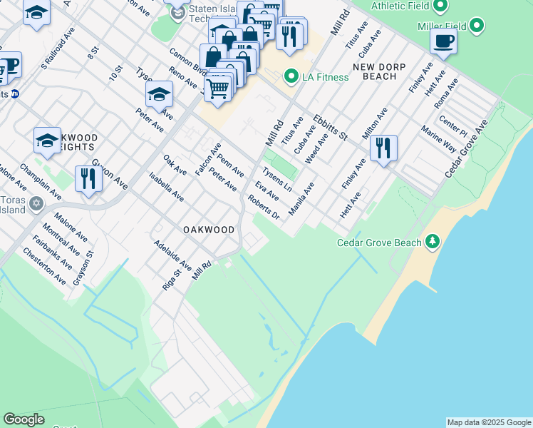 map of restaurants, bars, coffee shops, grocery stores, and more near 60 Pelican Circle in Staten Island