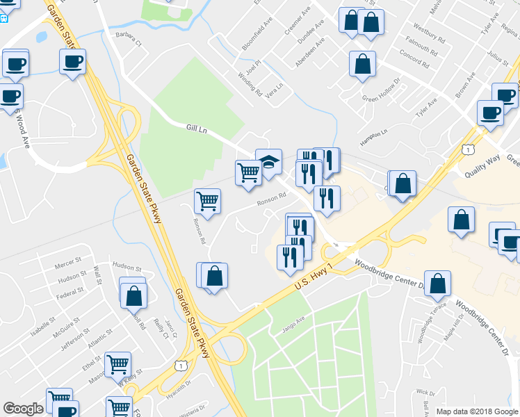 map of restaurants, bars, coffee shops, grocery stores, and more near 1009 Woodbridge Commons Way in Woodbridge Township