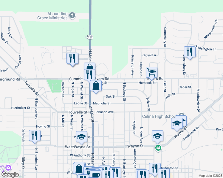 map of restaurants, bars, coffee shops, grocery stores, and more near 217 Oak Street in Celina