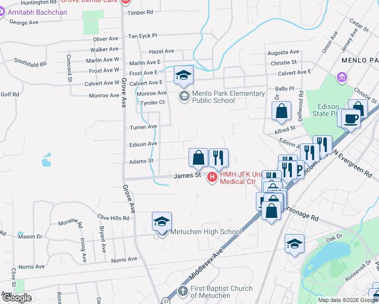 map of restaurants, bars, coffee shops, grocery stores, and more near 59 Adams Street in Edison