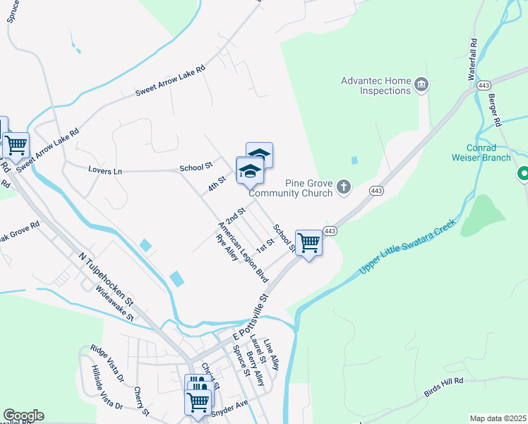 map of restaurants, bars, coffee shops, grocery stores, and more near 100 School Street in Pine Grove