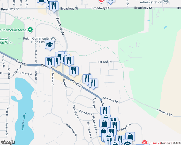 map of restaurants, bars, coffee shops, grocery stores, and more near 2300-2314 Cherry Lane in Pekin