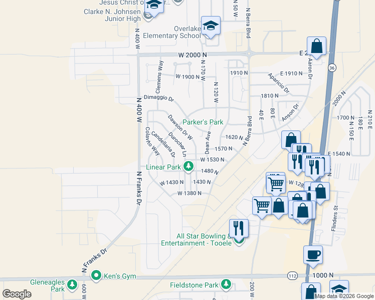 map of restaurants, bars, coffee shops, grocery stores, and more near 1568 Durocher Lane in Tooele