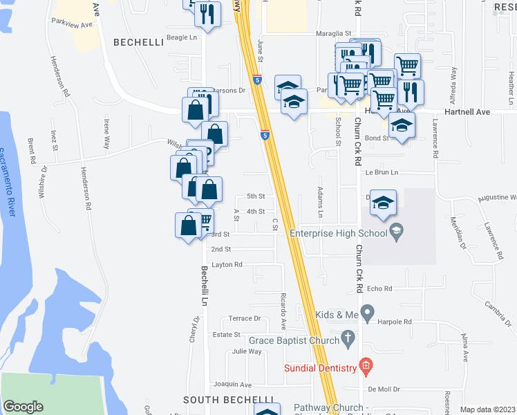 map of restaurants, bars, coffee shops, grocery stores, and more near 1111 4th Street in Redding