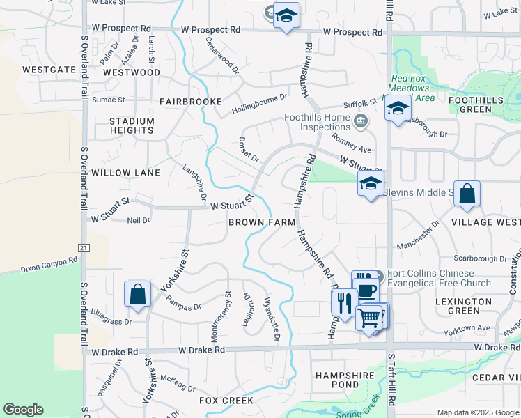 map of restaurants, bars, coffee shops, grocery stores, and more near 2130 Ryeland Lane in Fort Collins