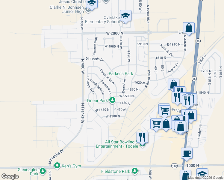 map of restaurants, bars, coffee shops, grocery stores, and more near 1568 Durocher Lane in Tooele