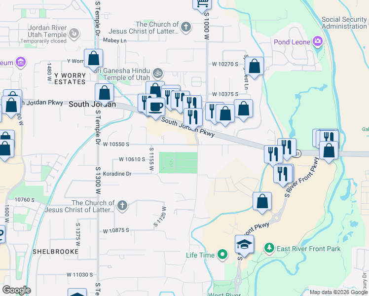 map of restaurants, bars, coffee shops, grocery stores, and more near 1083 West 10550 South in South Jordan