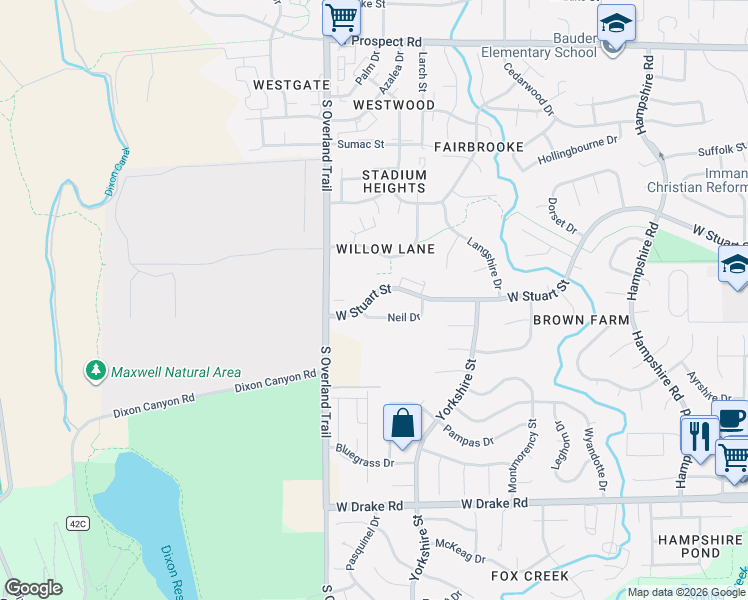 map of restaurants, bars, coffee shops, grocery stores, and more near 2960 West Stuart Street in Fort Collins