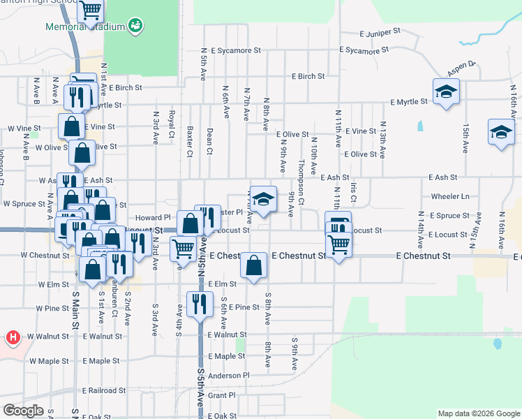 map of restaurants, bars, coffee shops, grocery stores, and more near 300 North 8th Avenue in Canton