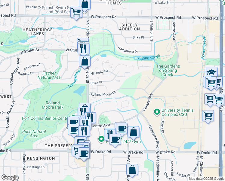 map of restaurants, bars, coffee shops, grocery stores, and more near 900 Rolland Moore Drive in Fort Collins