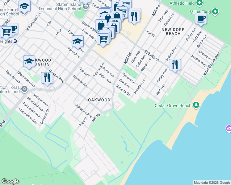 map of restaurants, bars, coffee shops, grocery stores, and more near 373 Mill Road in Staten Island