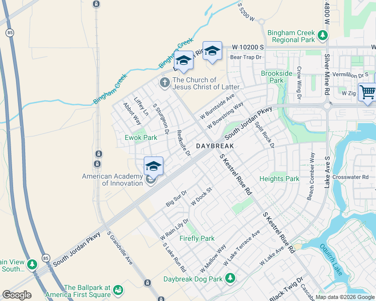 map of restaurants, bars, coffee shops, grocery stores, and more near 10577 Redknife Drive in South Jordan