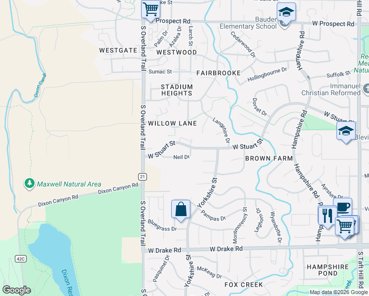 map of restaurants, bars, coffee shops, grocery stores, and more near West Stuart Street in Fort Collins
