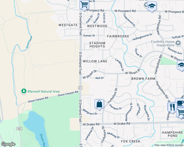 map of restaurants, bars, coffee shops, grocery stores, and more near 2960 West Stuart Street in Fort Collins
