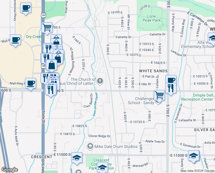 map of restaurants, bars, coffee shops, grocery stores, and more near 10536 South 360 East in Sandy