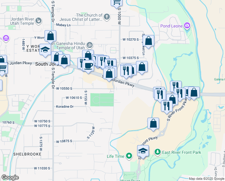 map of restaurants, bars, coffee shops, grocery stores, and more near 1063 South Jordan Parkway in South Jordan