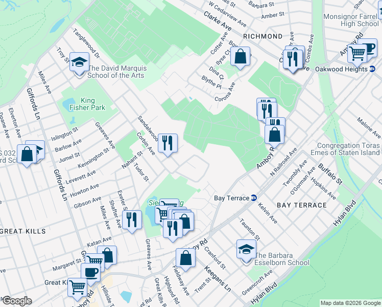 map of restaurants, bars, coffee shops, grocery stores, and more near 101 Willowwood Lane in Staten Island
