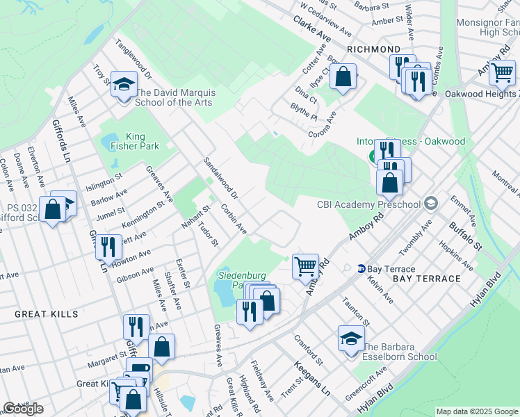 map of restaurants, bars, coffee shops, grocery stores, and more near 47 Cherrywood Court in Staten Island