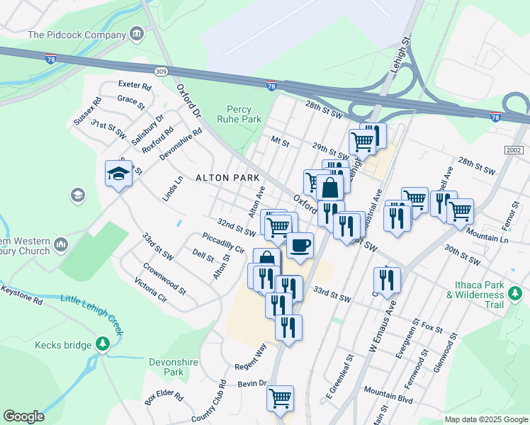 map of restaurants, bars, coffee shops, grocery stores, and more near 1831 31st Street Southwest in Allentown