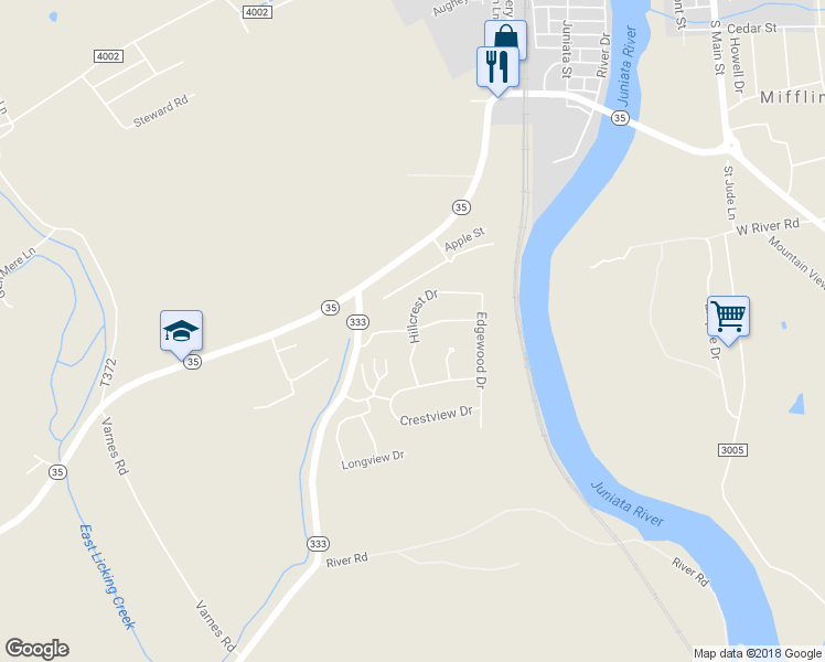 map of restaurants, bars, coffee shops, grocery stores, and more near 114 Summit Drive in Mifflin
