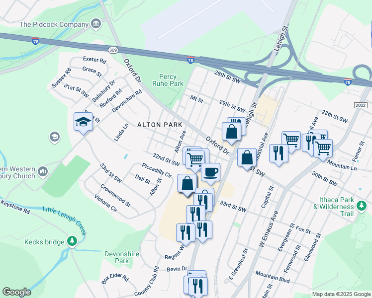 map of restaurants, bars, coffee shops, grocery stores, and more near 1831 31st Street Southwest in Allentown