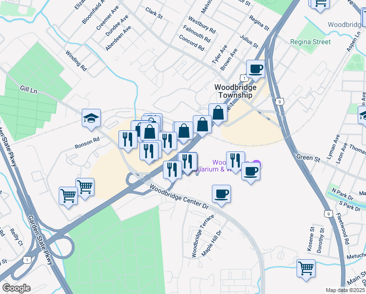 map of restaurants, bars, coffee shops, grocery stores, and more near 555 U.S. 1 in Woodbridge Township