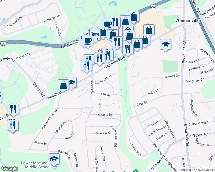 map of restaurants, bars, coffee shops, grocery stores, and more near 5603 Stonecroft Lane in Allentown