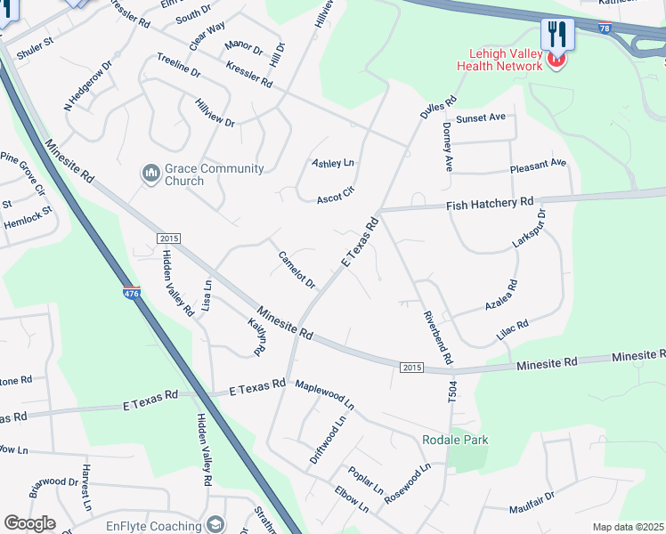map of restaurants, bars, coffee shops, grocery stores, and more near 4265 East Texas Road in Allentown