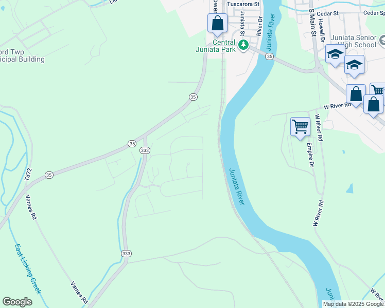 map of restaurants, bars, coffee shops, grocery stores, and more near 245 Edgewood Drive in Mifflin