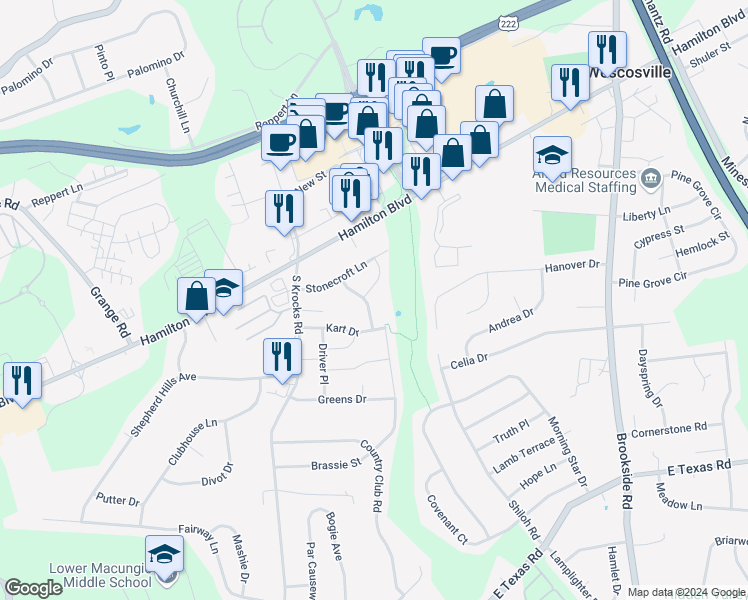 map of restaurants, bars, coffee shops, grocery stores, and more near 1049 Timberidge Lane in Allentown