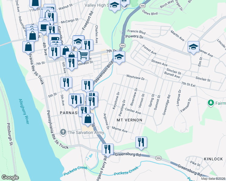 map of restaurants, bars, coffee shops, grocery stores, and more near 455 Argonne Drive in New Kensington