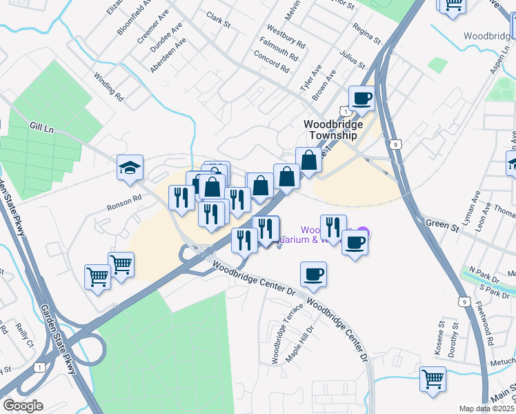 map of restaurants, bars, coffee shops, grocery stores, and more near 555 U.S. 1 in Woodbridge Township