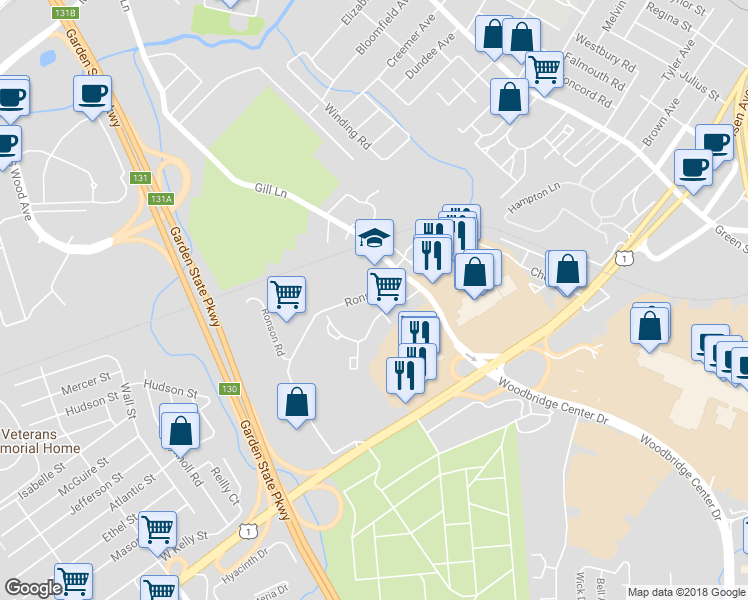 map of restaurants, bars, coffee shops, grocery stores, and more near 502 Woodbridge Commons Way in Woodbridge Township